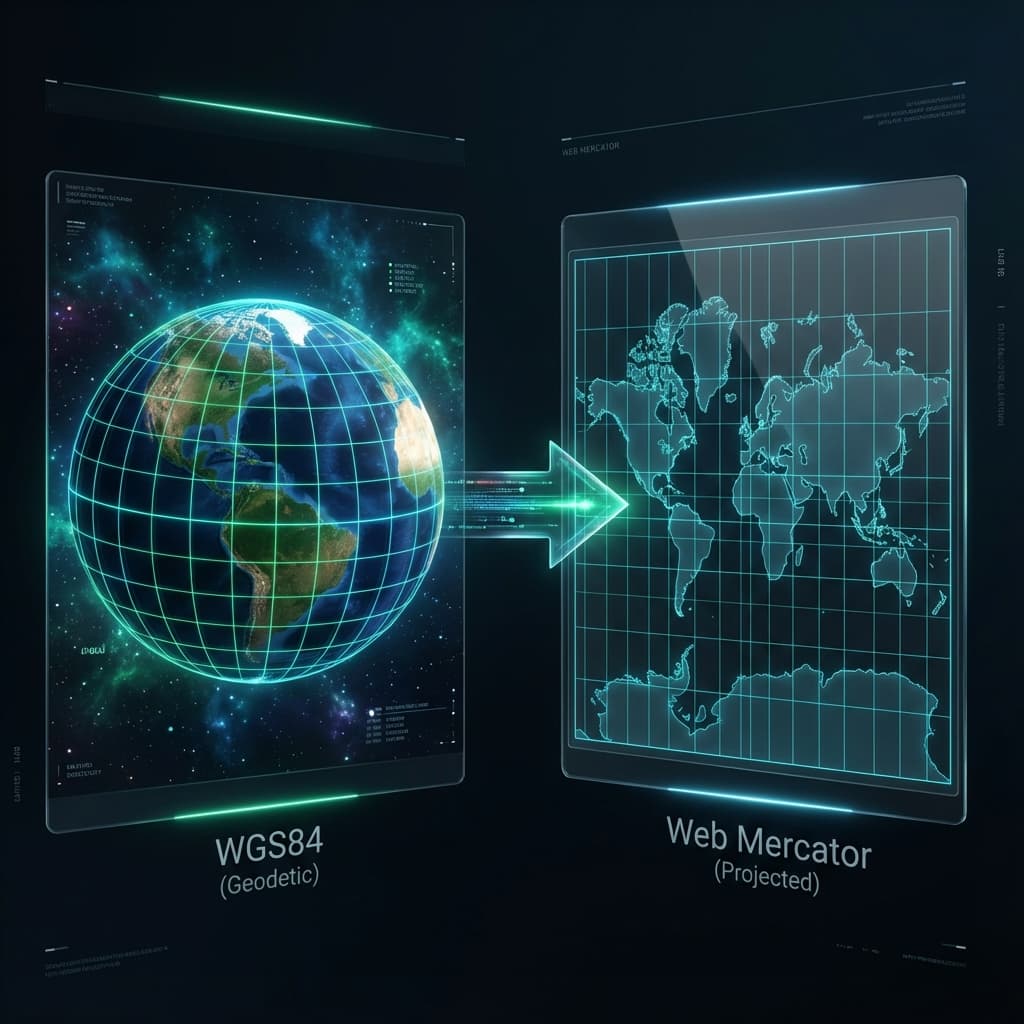 Comparison of WGS84 3D globe reference system versus Web Mercator 2D flat map projection